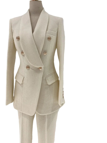 Thick Beige Woolen Pant Suit - High-End Trouser Suit -Guocali