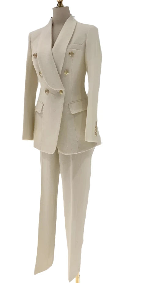 Thick Beige Woolen Pant Suit - High-End Trouser Suit - Pantsuit - Guocali