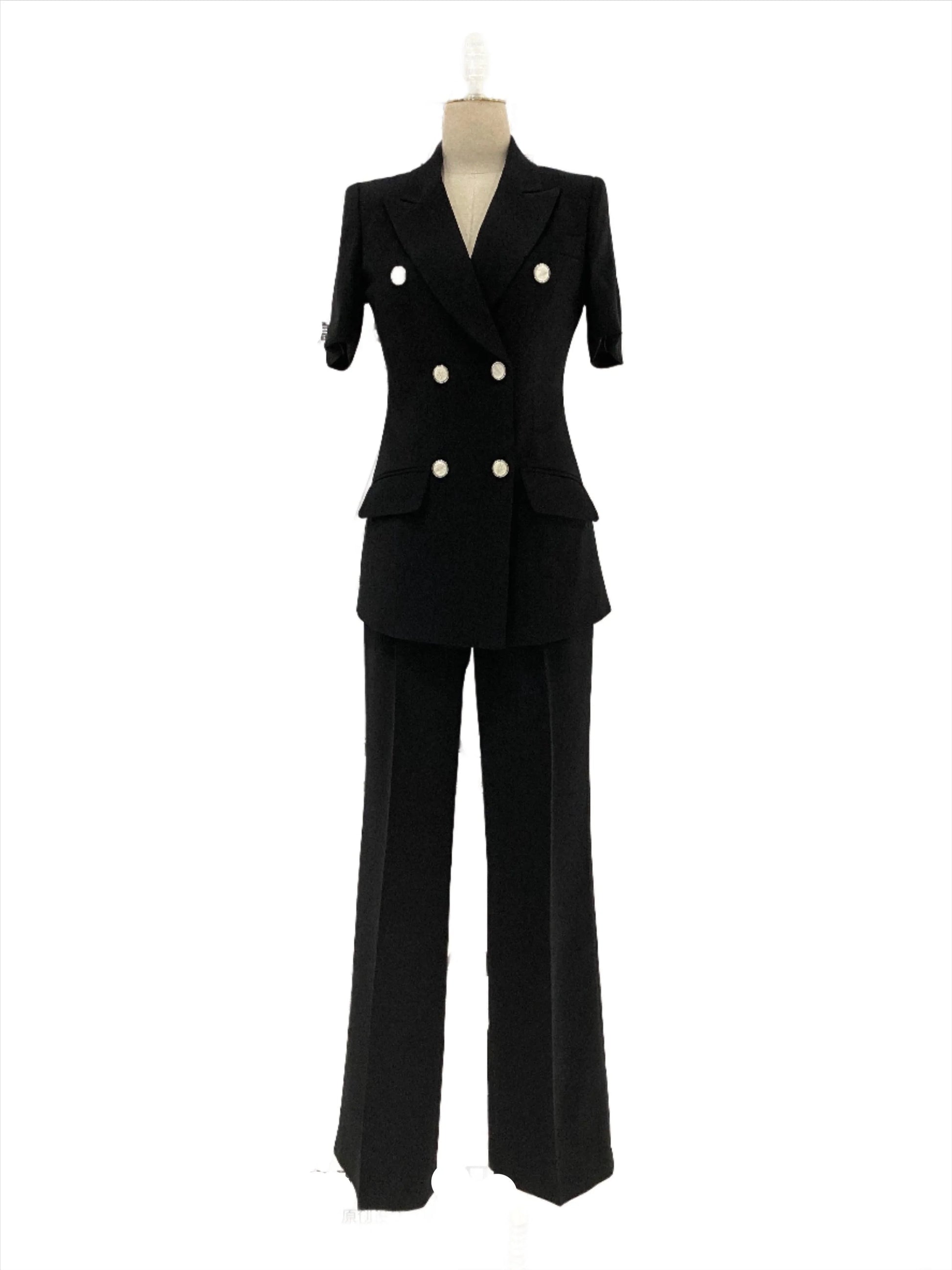 Thin Short Sleeved Women Pant Suit, Off-White, Black -Guocali