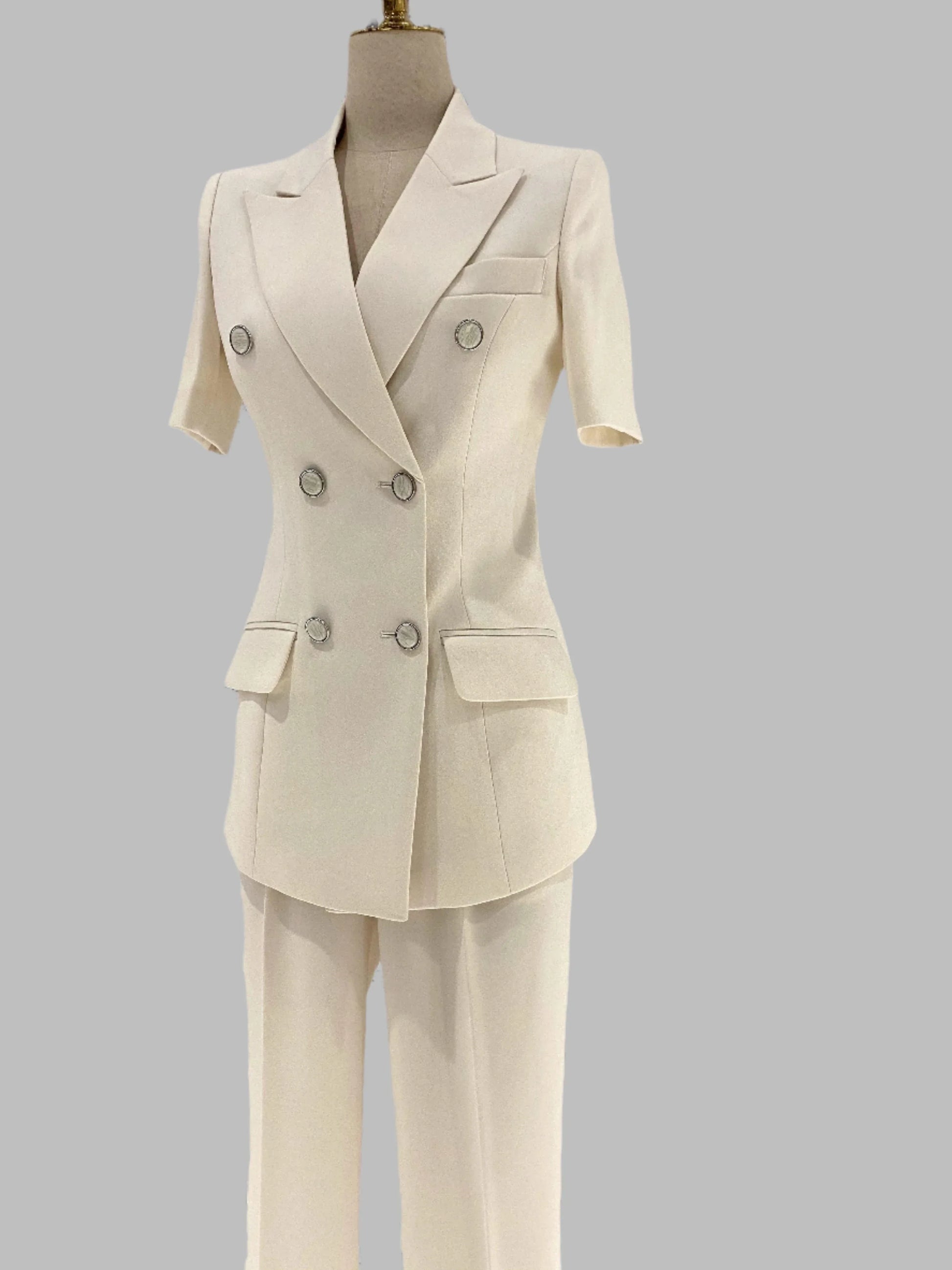 Thin Short Sleeved Women Pant Suit, Off-White, Black -Guocali