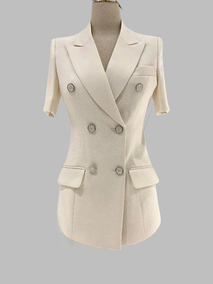 Thin Short Sleeved Women Pant Suit, Off-White, Black -Guocali