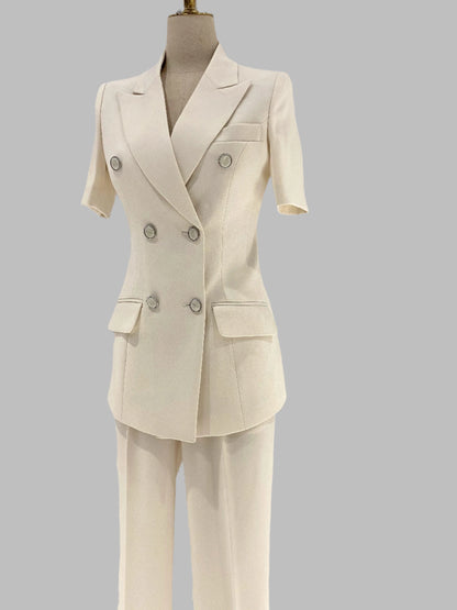 Thin Short Sleeved Women Pant Suit, Off-White, Black - Pantsuit - Guocali