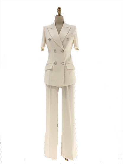 Thin Short Sleeved Women Pant Suit, Off-White, Black - Pantsuit - Guocali