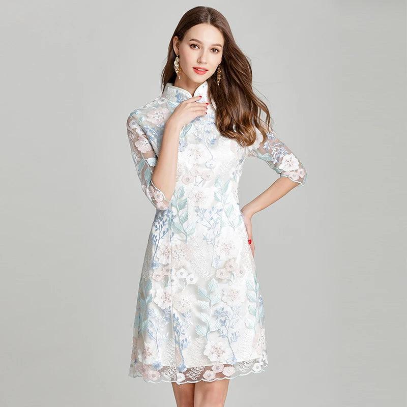 Three-Quarter Knee-Length Elegant Lace Dress - Lace Dress - Guocali