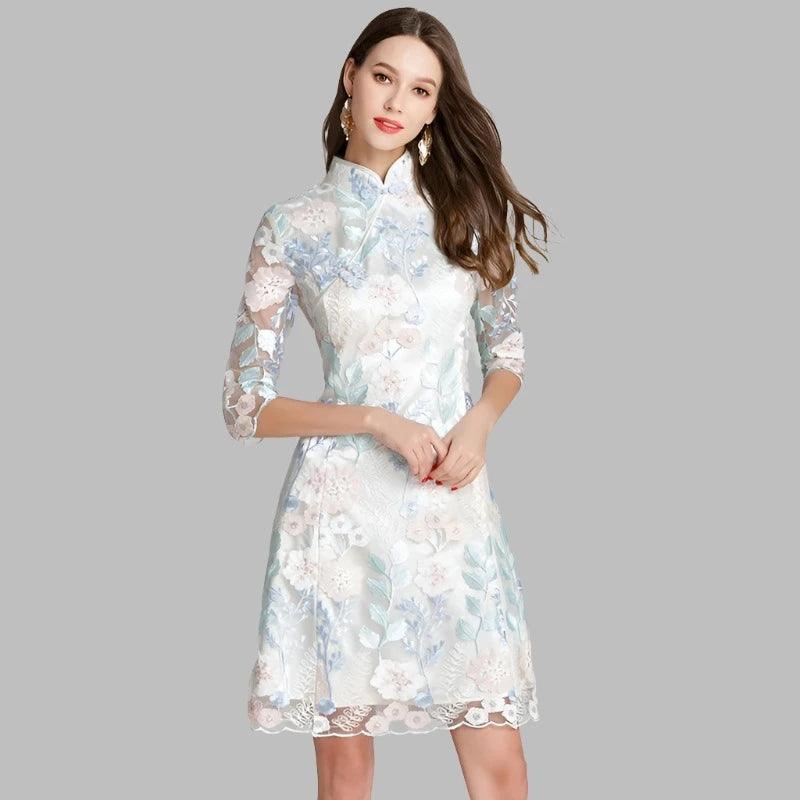 Three-Quarter Knee-Length Elegant Lace Dress - Lace Dress - Guocali