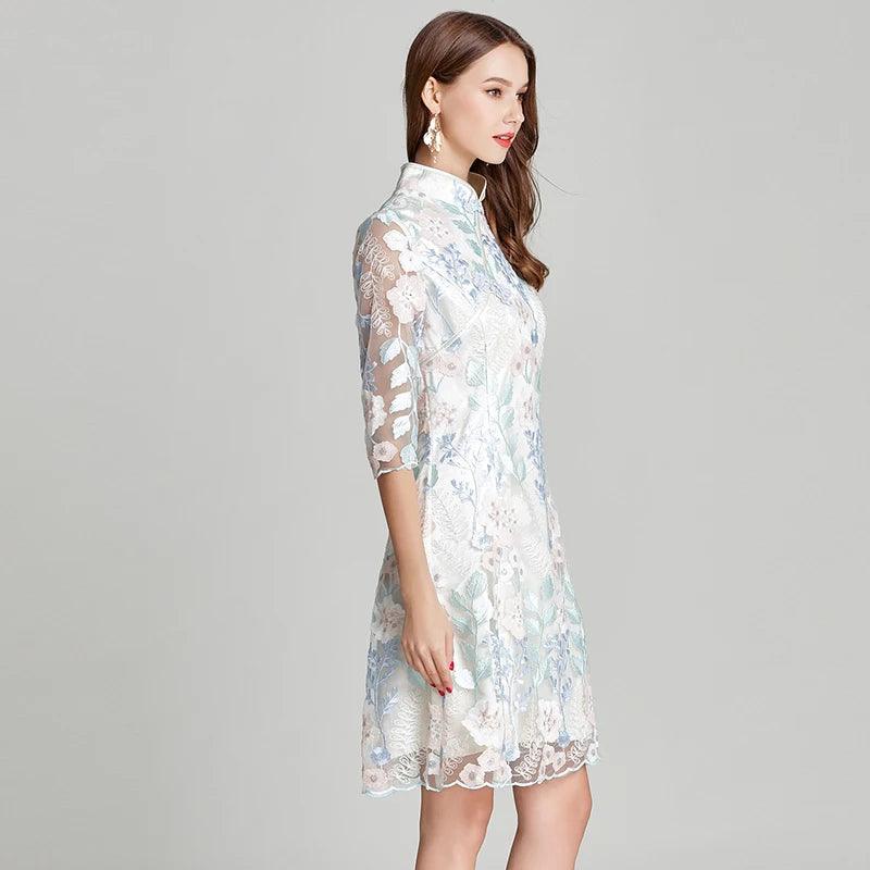 Three-Quarter Knee-Length Elegant Lace Dress - Lace Dress - Guocali