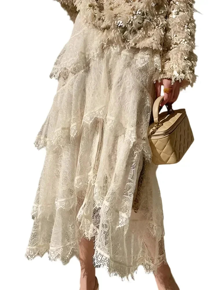 Tiered Skirt Women Lace Patchwork - A-Line Midi Women Skirt