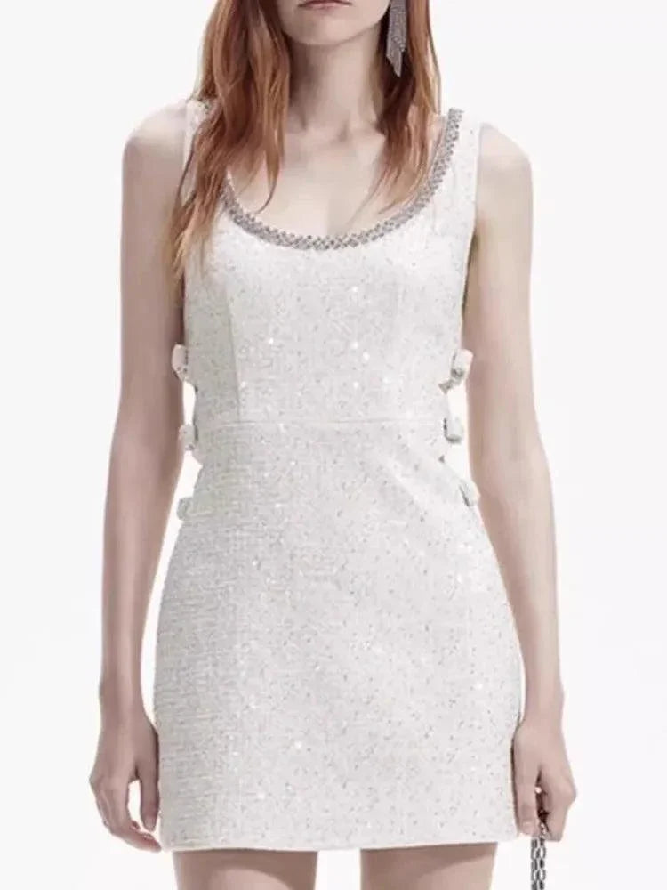 U-Neck Studded Diamond Bow Dress -Guocali