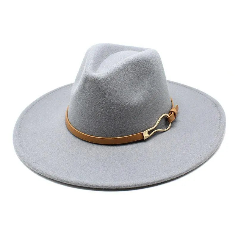 Light grey felt fedora hat with wide brim and brown leather band, unisex jazz hat style