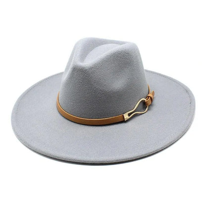 Light grey felt fedora hat with wide brim and brown leather band, unisex jazz hat style