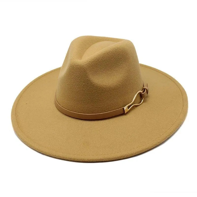 Tan unisex fedora felted jazz hat with wide brim and leather band on white background