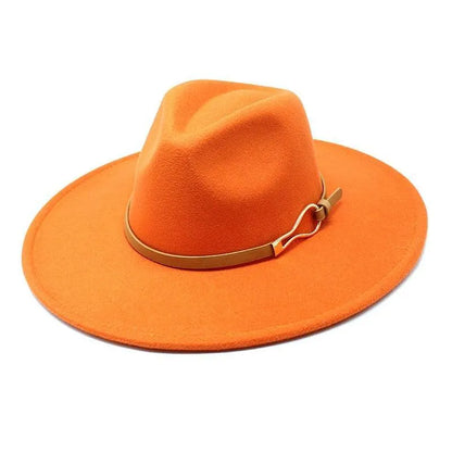 Orange unisex felt fedora hat with wide brim and brown band, jazz style