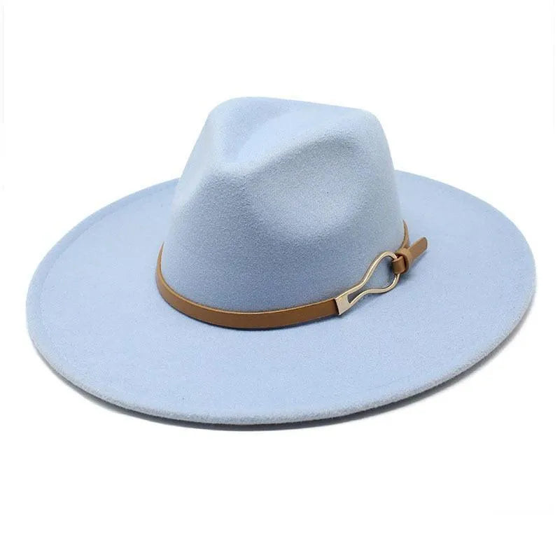 Light blue unisex felt fedora jazz hat with brown band and silver detail on white background