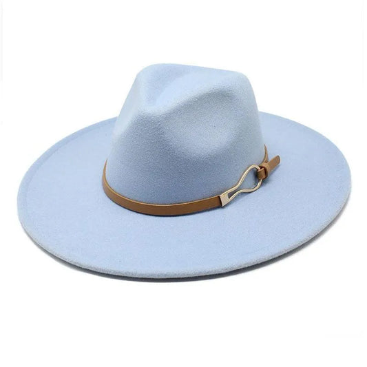 Light blue unisex felt fedora jazz hat with brown band and silver detail on white background