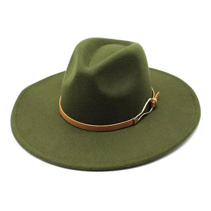 Olive green felt fedora hat with wide brim and brown leather band on white background