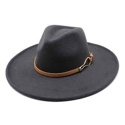 Black felt fedora hat with wide brim and brown band, unisex jazz style