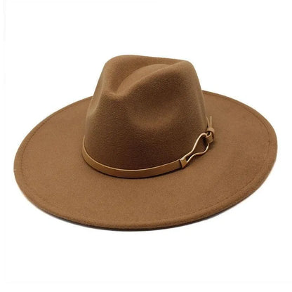 Brown felt unisex fedora hat with wide brim and decorative band on white background