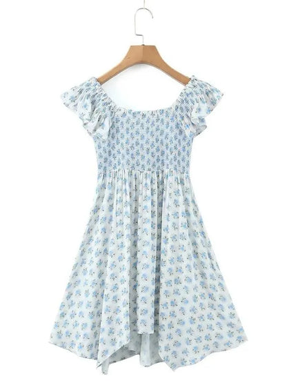 V-Neck Blue Floral Pleated Dress -Guocali