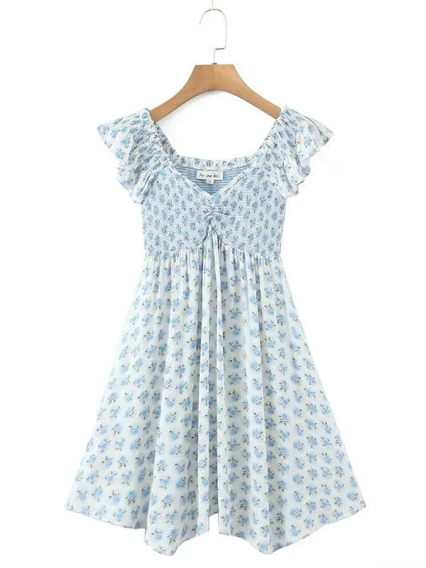 V-Neck Blue Floral Pleated Dress -Guocali