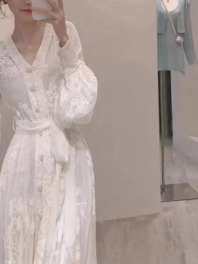 V-Neck Cardigan Tie Waist Dress -Guocali