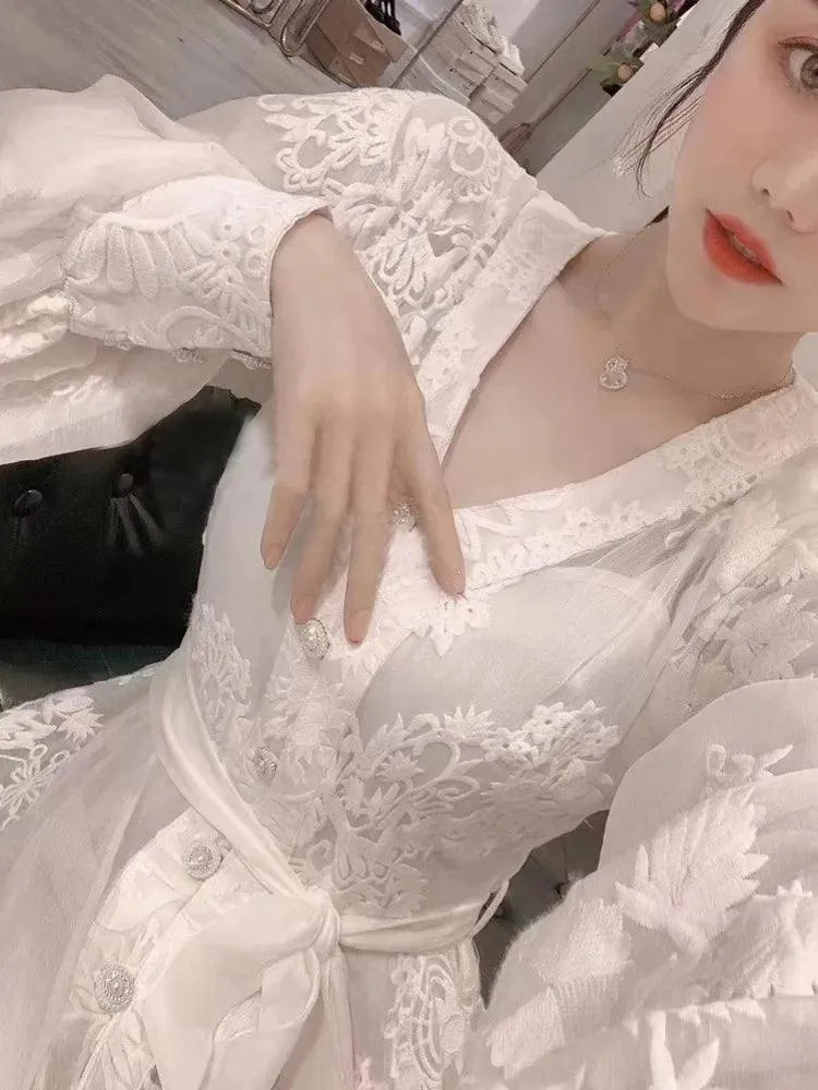 V-Neck Cardigan Tie Waist Dress -Guocali