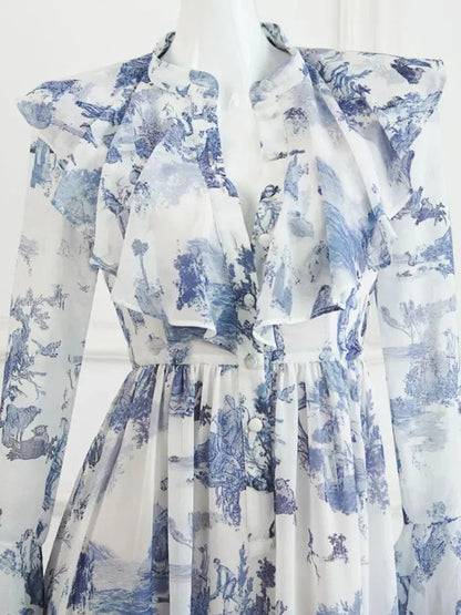 V-Neck Ink Print Vacation Pleated Dress -Guocali