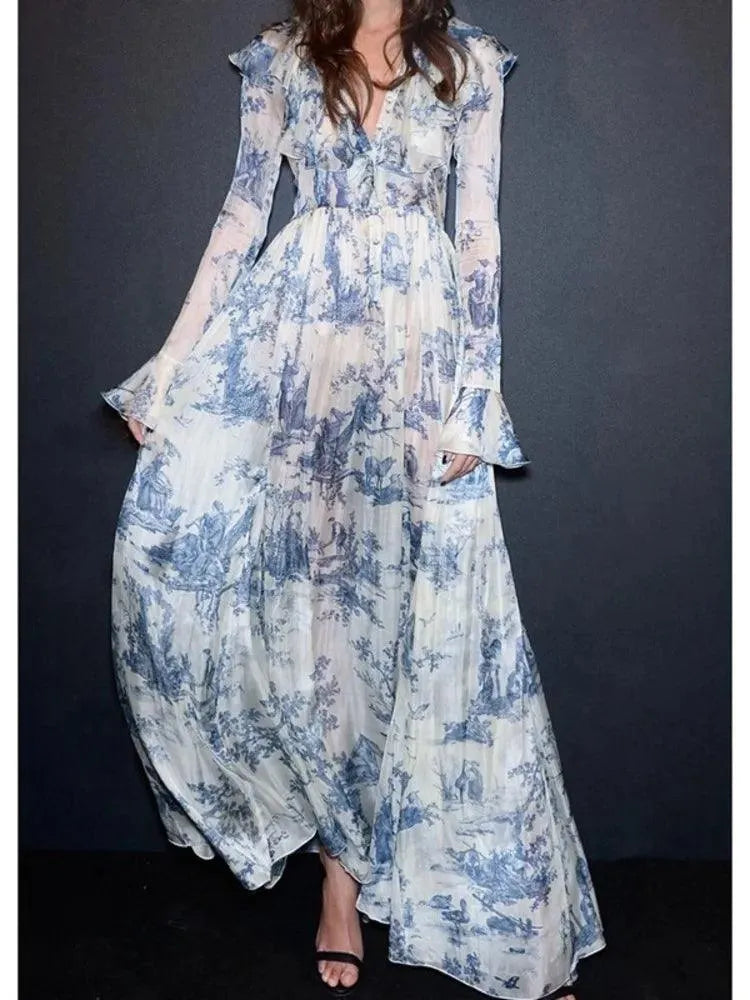 V-Neck Ink Print Vacation Pleated Dress -Guocali