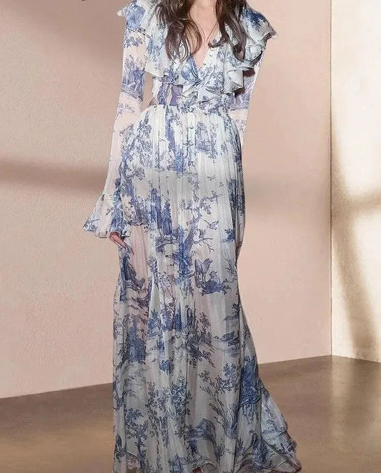 V-Neck Ink Print Vacation Pleated Dress -Guocali