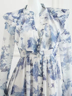 V-Neck Ink Print Vacation Pleated Dress -Guocali