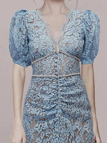 V-Neck Lace Beaded Dress -Guocali