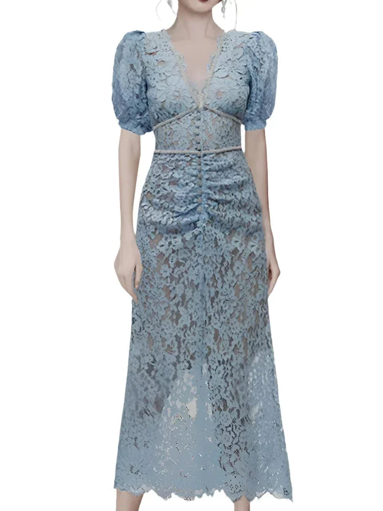 V-Neck Lace Beaded Dress -Guocali