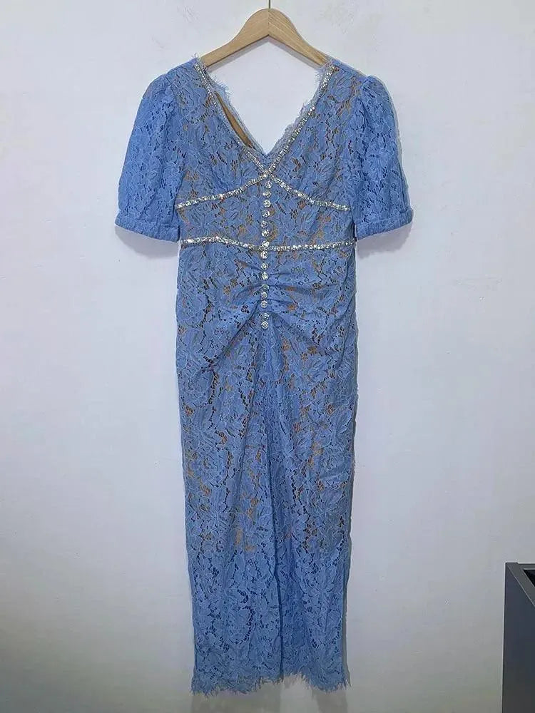 V-Neck Lace Beaded Dress -Guocali