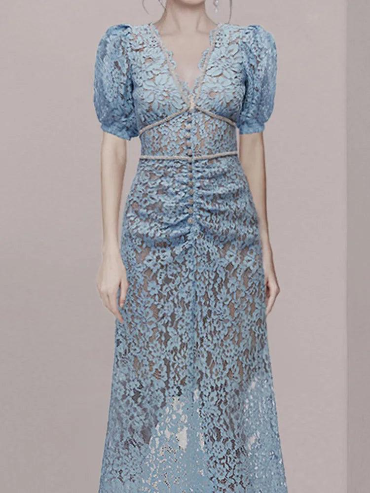 V-Neck Lace Beaded Dress - Long Dress - Guocali