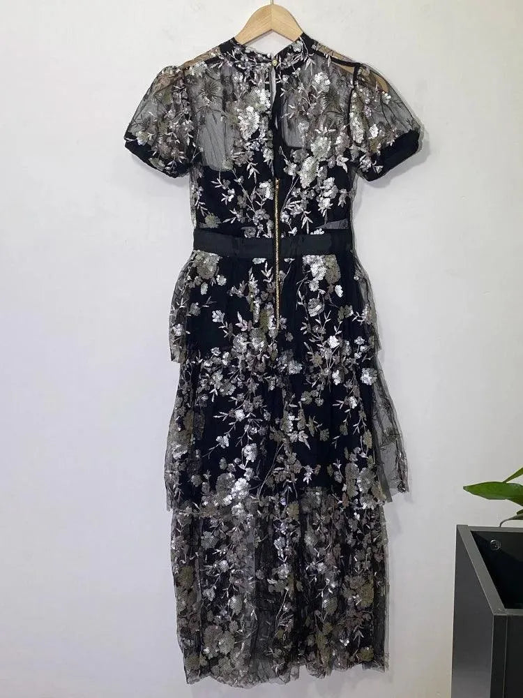 V-Neck Mesh Embroidery Waist Dress -Guocali