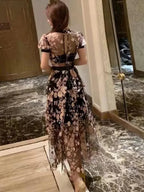 V-Neck Mesh Embroidery Waist Dress -Guocali