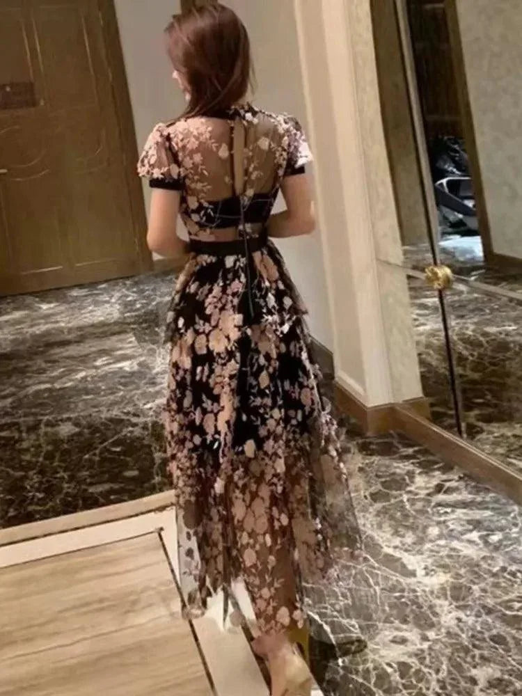 V-Neck Mesh Embroidery Waist Dress -Guocali