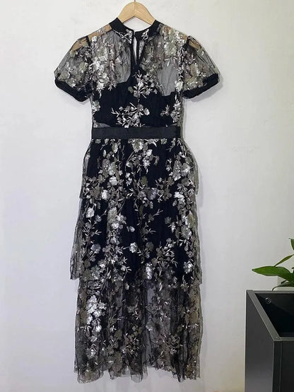 V-Neck Mesh Embroidery Waist Dress -Guocali