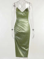 V-Neck Pleated Waist Slit Midi Dress -Guocali