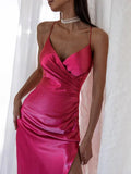 V-Neck Pleated Waist Slit Midi Dress -Guocali