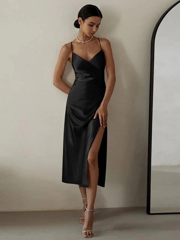 V-Neck Pleated Waist Slit Midi Dress -Guocali