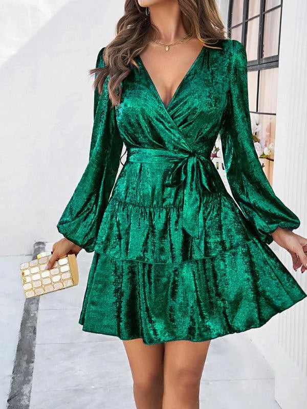 V-Neck Waisted Glossy Mini Dress -Guocali