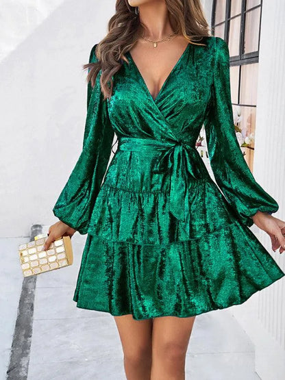 V-Neck Waisted Glossy Mini Dress -Guocali