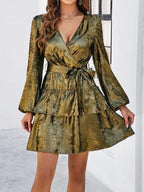 V-Neck Waisted Glossy Mini Dress -Guocali