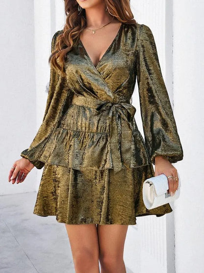 V-Neck Waisted Glossy Mini Dress -Guocali