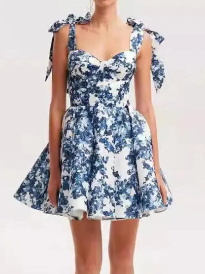 Vacation Style Lace-Up Square Neck Floral Short Dress -Guocali