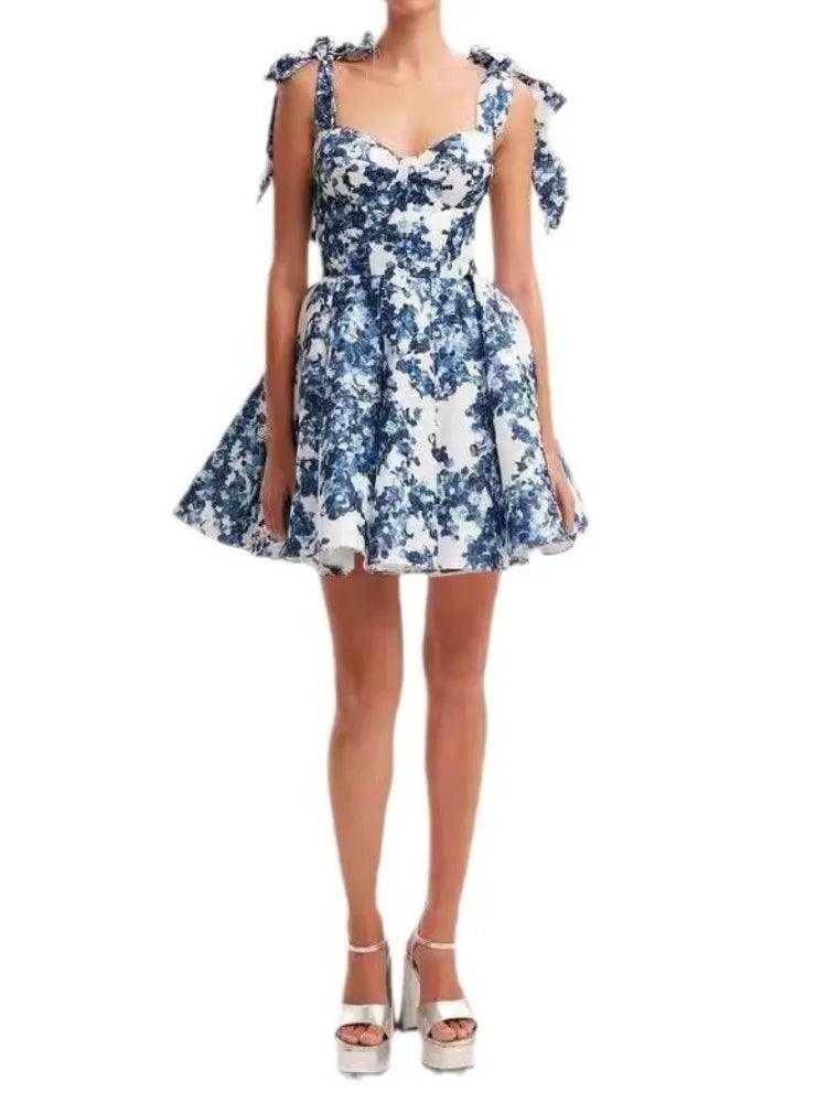 Vacation Style Lace-Up Square Neck Floral Short Dress - Floral Short Dress - Guocali