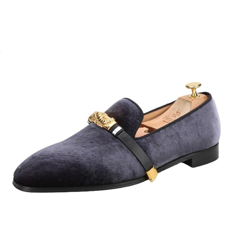 Velvet Men Loafers with Gold Metal Buckle - Men Shoes - Loafer Shoes - Guocali