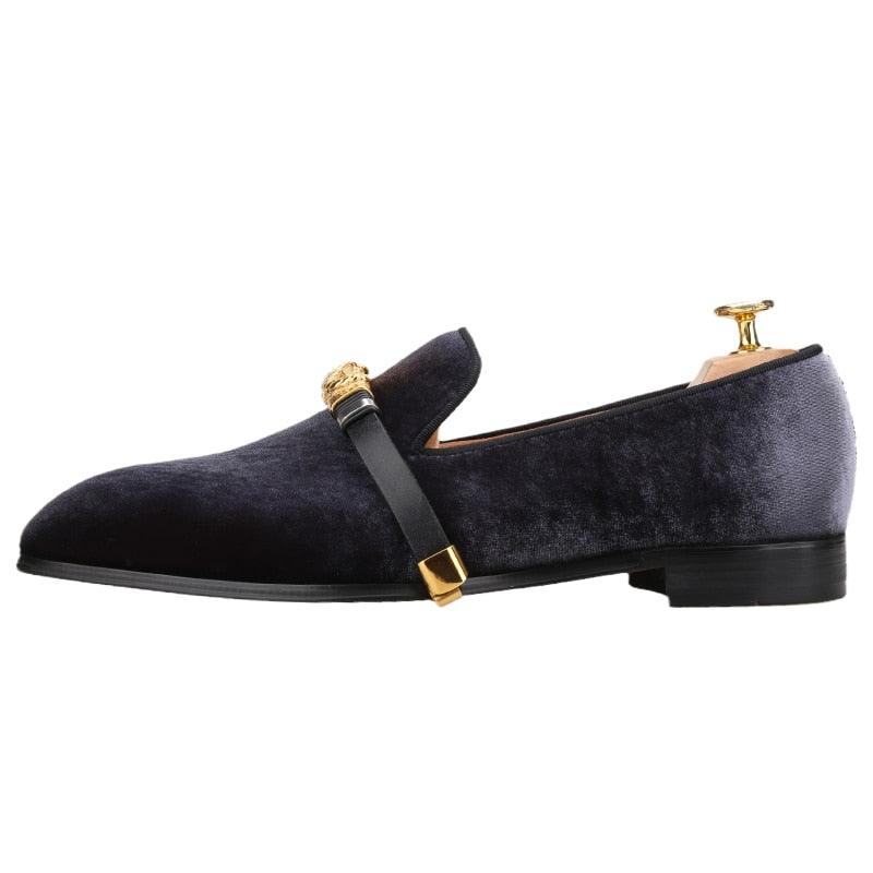 Velvet Men Loafers with Gold Metal Buckle - Men Shoes - Loafer Shoes - Guocali