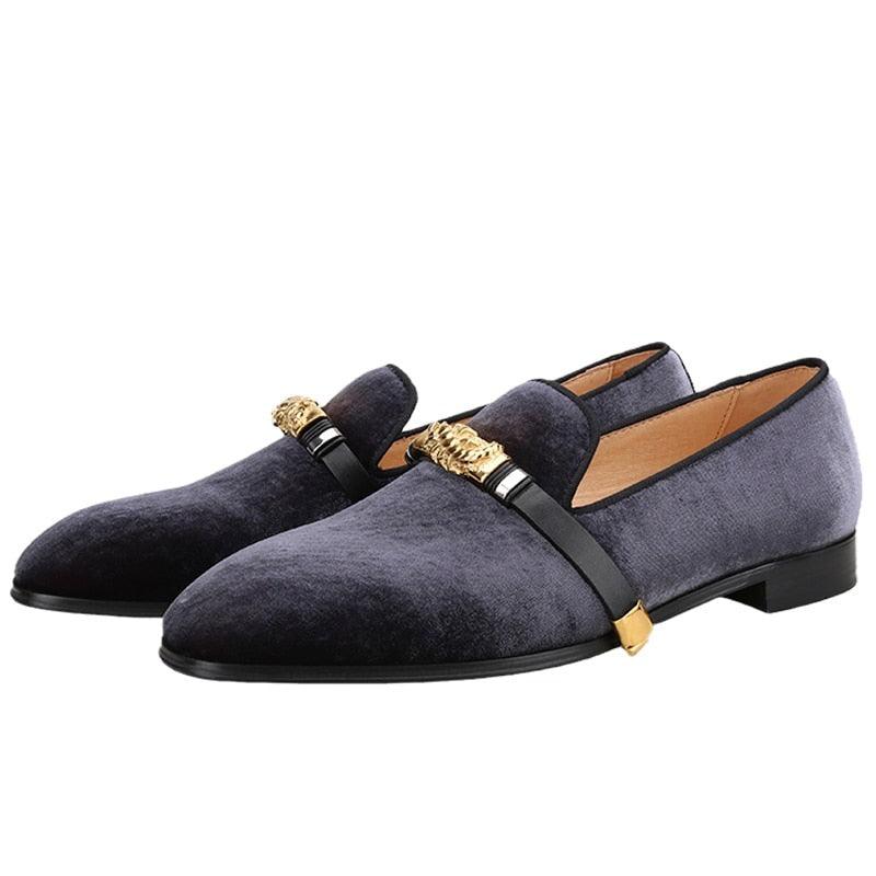 Velvet Men Loafers with Gold Metal Buckle - Men Shoes - Loafer Shoes - Guocali