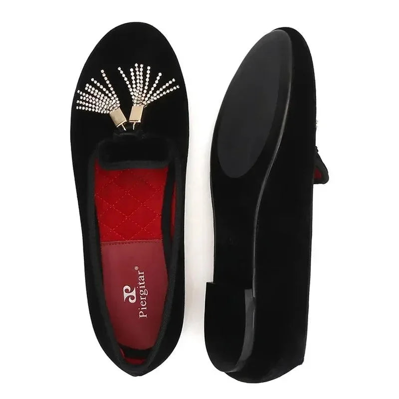Velvet Rhinestone Tassel Wedding Loafers for Women -Guocali